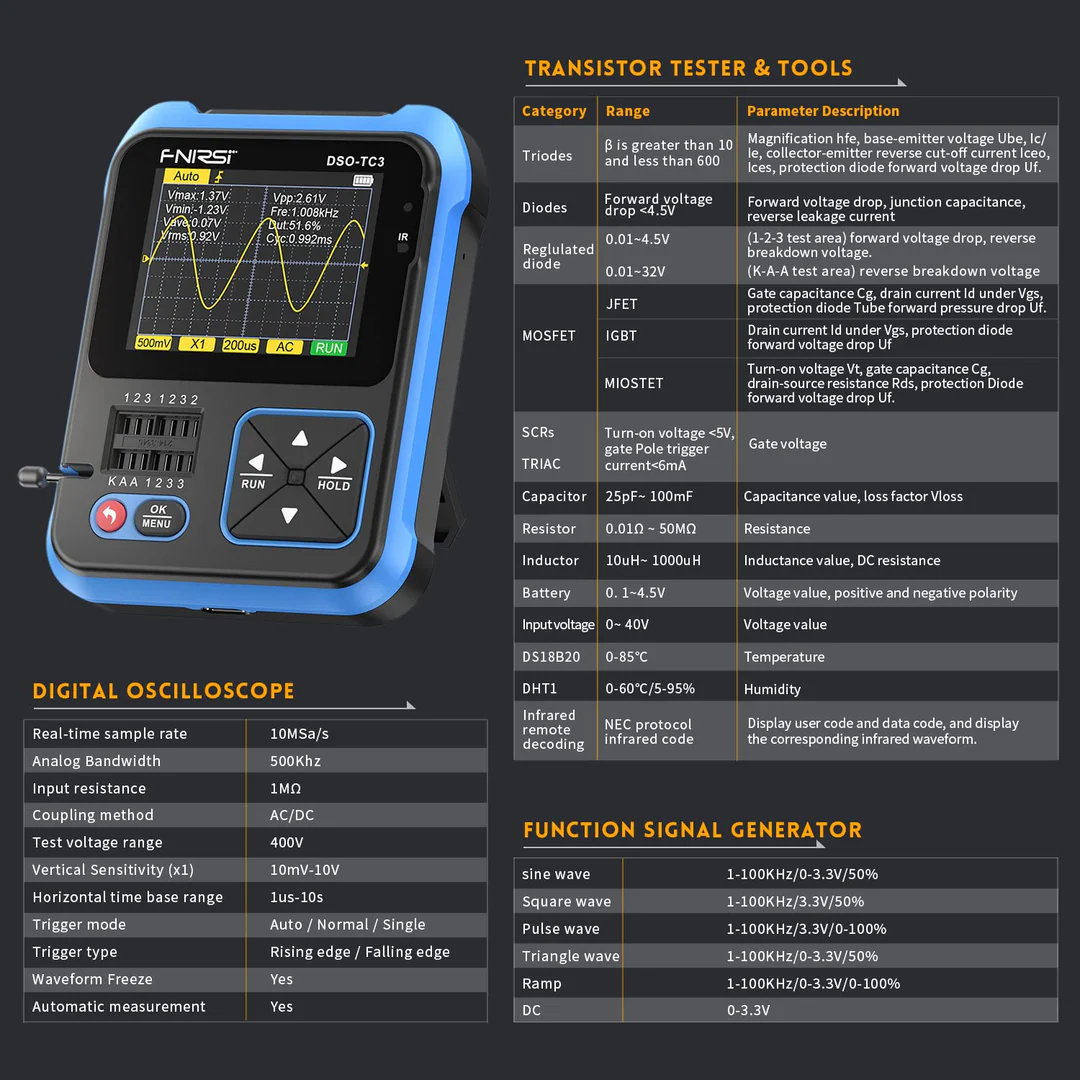 FNIRSI DSO-TC3 – Appareil 3-en-1 🎛️ Oscilloscope + LCR Testeur de Composants + Générateur de Signaux – Image 5
