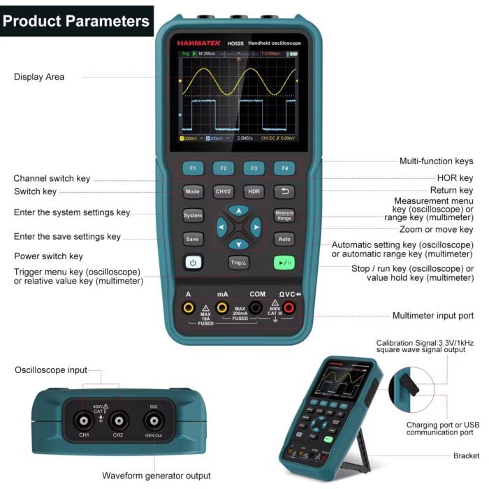 Oscilloscope + Multimètre + Générateur de Signaux – 3 en 1 HO102S Hanmatek – 100 MHz – Image 2
