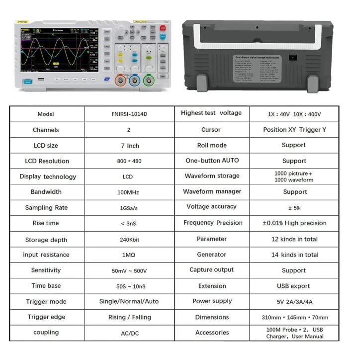 Oscilloscope Générateur de signaux FNIRSI 1014D 2 en 1 DDS, 2 canaux Bande passante 100 MHz – Image 3
