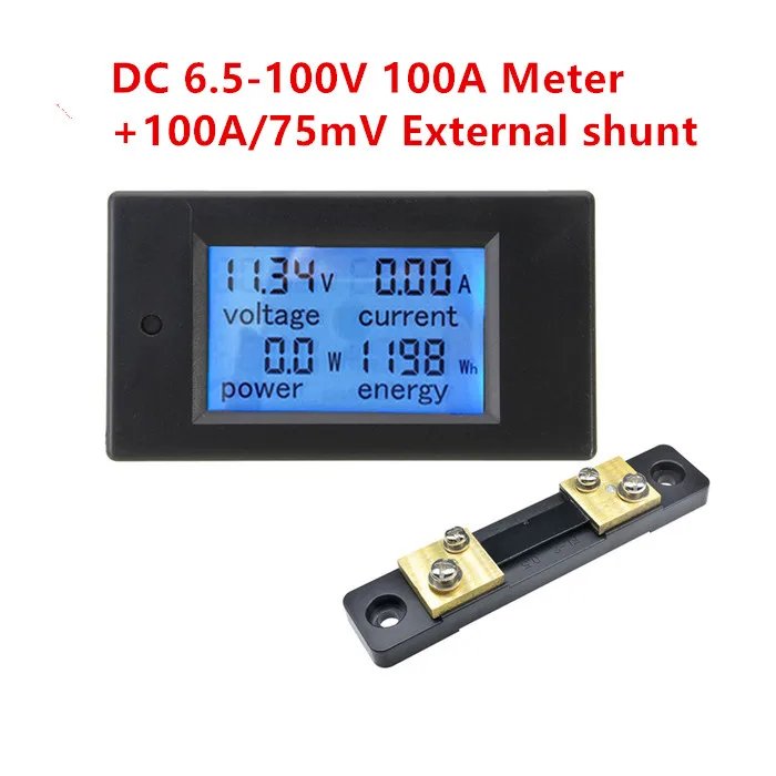 dc65_100v_100a Wattmètre DC 6.5–100V : Modèles 20A et 100A avec Shunt Externe – Voltmètre/Ampèremètre/Compteur de Puissance LCD – Image 1