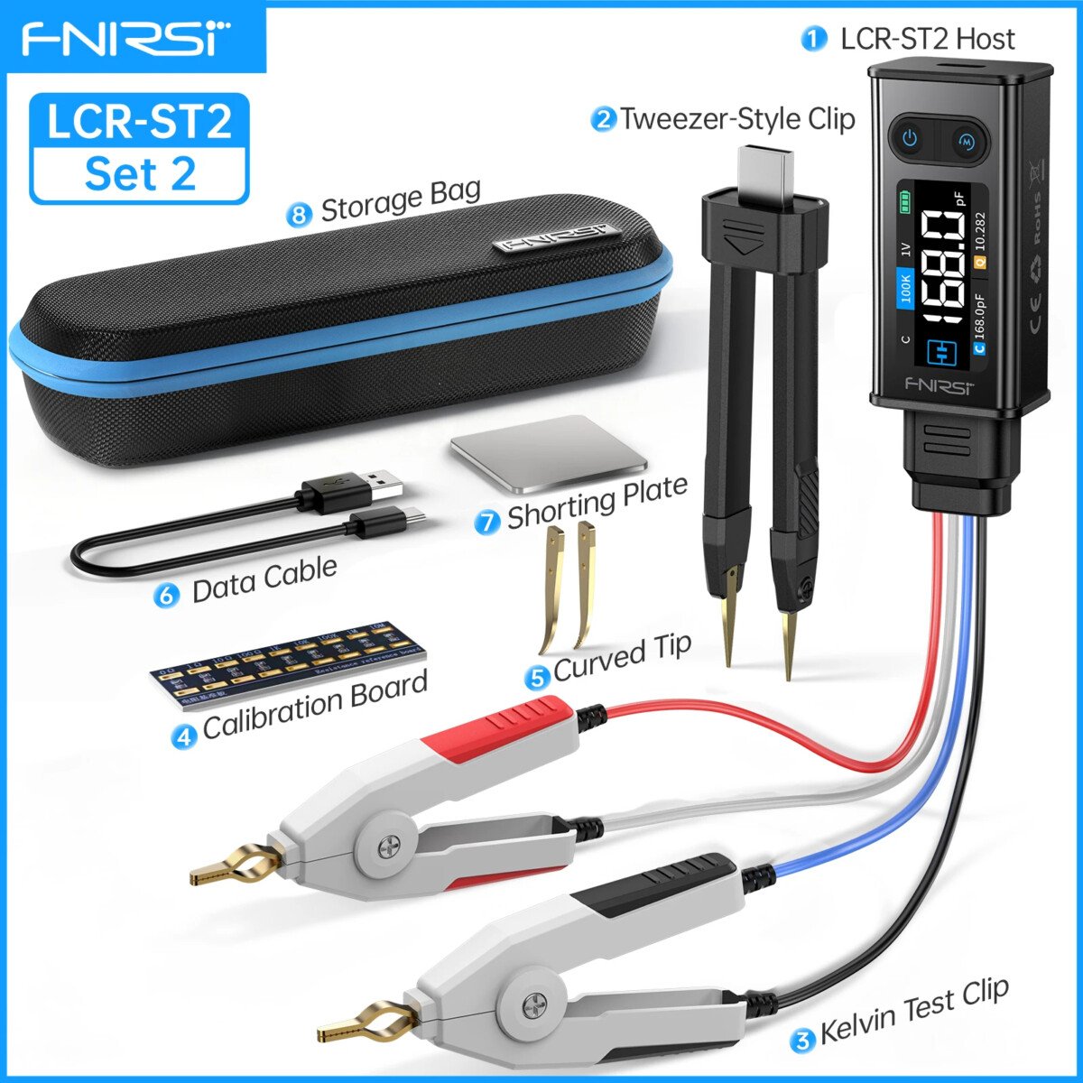 lcr_st2_set2 FNIRSI® LCR-ST2 Plus 100K — Mesureur LCR & ESR pince numérique 2-en-1 – Image 1