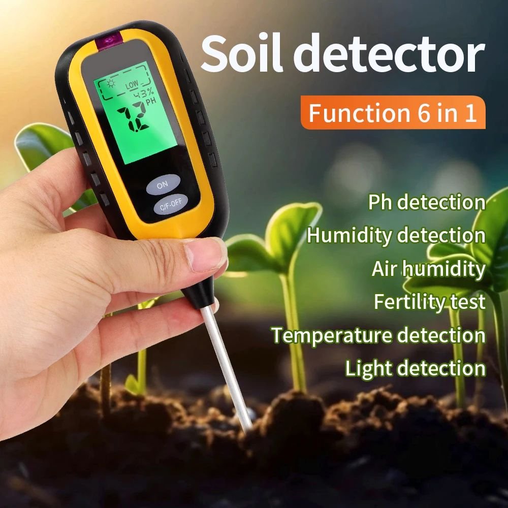 10 Testeur de sol 6 en 1 numérique – pH, humidité, température, fertilité, lumière et humidité de l’air | Sonde précise pour jardin et plantes – Image 1