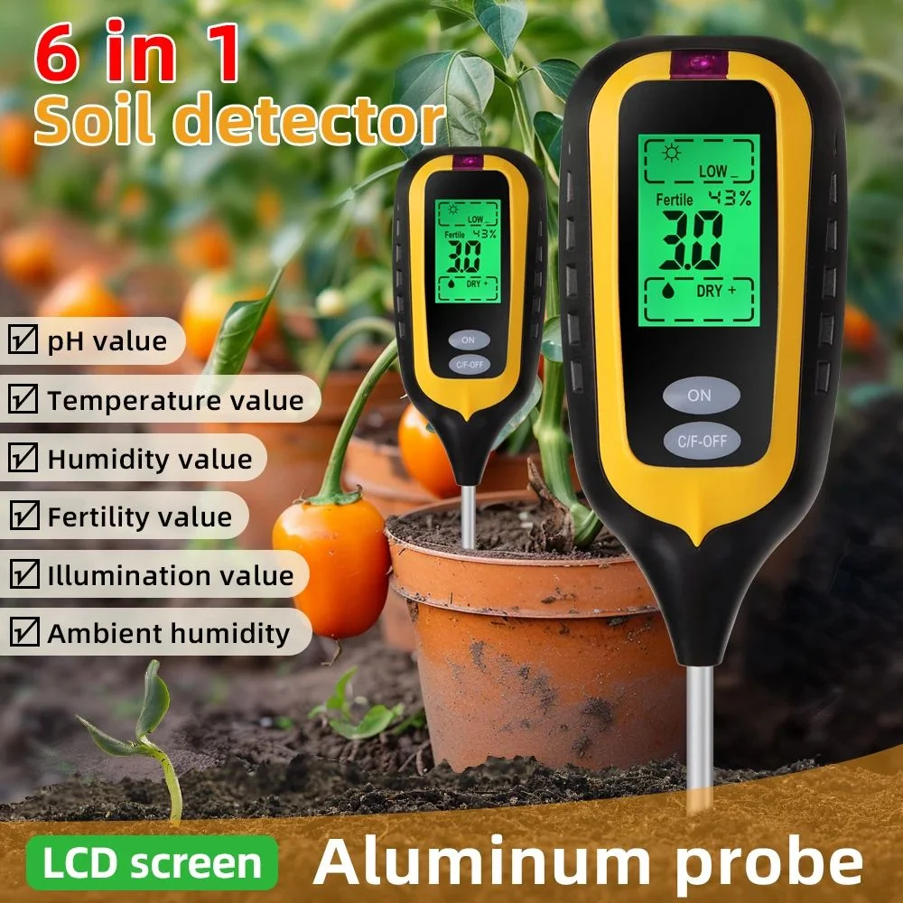 6-5 Testeur de Sol Numérique 6 en 1 – pH, humidité, température, fertilité, lumière et humidité de l’air | Sonde précise pour jardin et plantes – Image 1