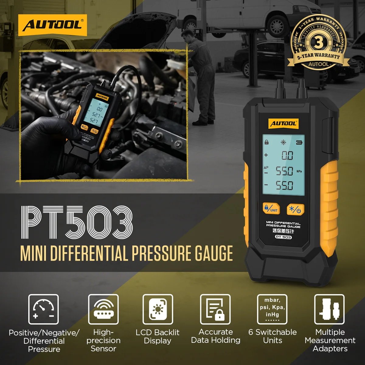 2 AUTOOL PT503 Manomètre Différentiel Numérique Portable Diagnostic automobile – Image 1